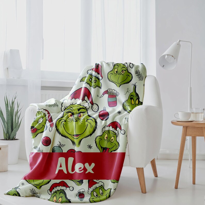 Custom Name Grinch Blanket, Cartoon Blanket for Boy and Girl, Green
