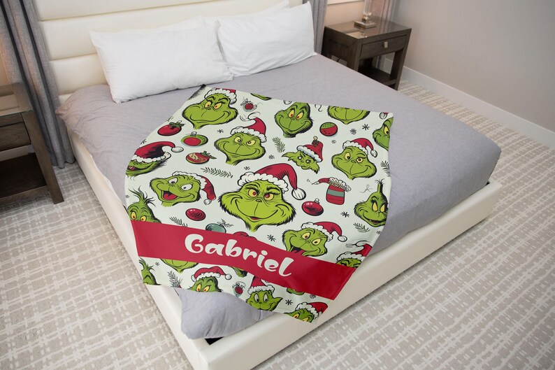 Custom Name Grinch Blanket, Cartoon Blanket for Boy and Girl, Green
