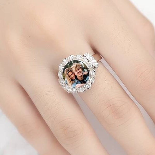 Women's Custom Photo Ring, Flower-shaped Photo Ring with Cubic Zirconia, Keepsake Gift for Women, Memento gift, Bereavement Gift