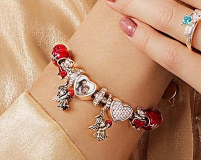 Custom Photo Heart Charm: Sterling Silver Pave Cubic Zirconia Keepsake Bracelet Charm