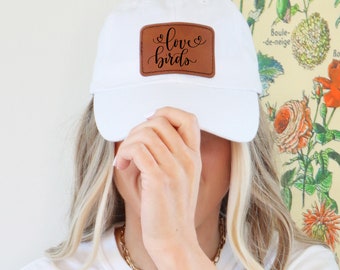 Love Birds Dad Hat with Leather Patch (Rectangle), Bride and Groom Hat, Matching Hats, Wedding Hats, Honeymoon Hats, Bride and Groom Gift