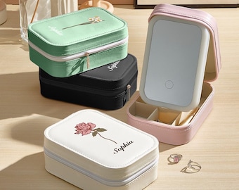 Personalized Birth Flower Vegan Leather Jewelry Box with LED Mirror, Bridesmaids Gift