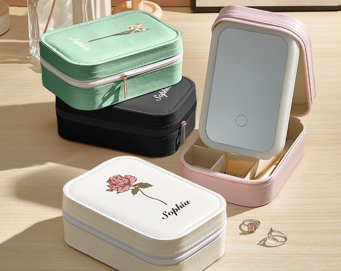 Personalized Birth Flower Vegan Leather Jewelry Box with LED Mirror, Bridesmaids Gift