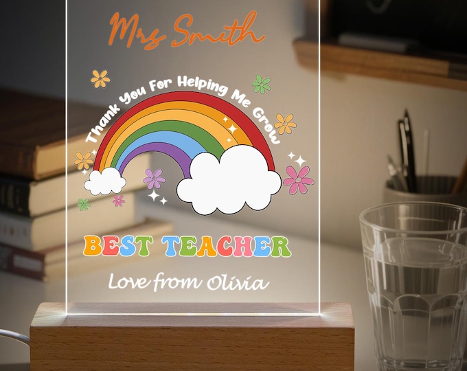 Custom Name Teacher Appreciation Night Light with Rainbow Design, Acrylic Plaque, Perfect Thank You Gift for Teachers