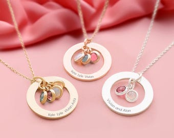 Personalized Circle Pendant Birthstone Necklace: Custom Engraved Eternity Pendant