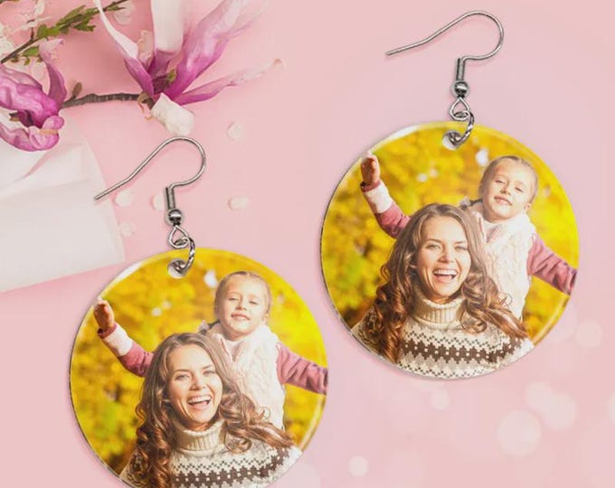 Custom Photo Acrylic Dangle Earrings, Personalized Photo Jewelry, Mother's Day Gift