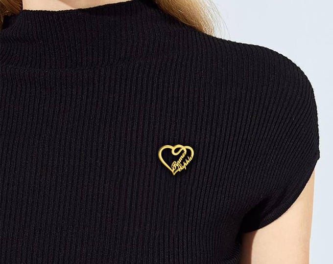 Personalized Gold Heart Nameplate Brooch, Custom Jewelry Gift