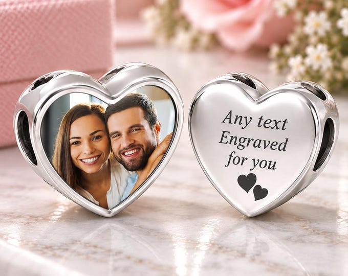 Custom Photo Charm, Engraved Heart Picture Charm, Gifts For Couples, Engraved Text and Symbols