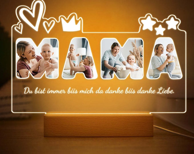 Custom Photo Acrylic Night Light: Personalized Mama Gift with Wood Base