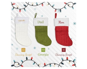 Embroidered Christmas Stockings, Personalized Christmas Stocking, Cable Knit Pattern, Custom Name, Matching Family Christmas Stockings
