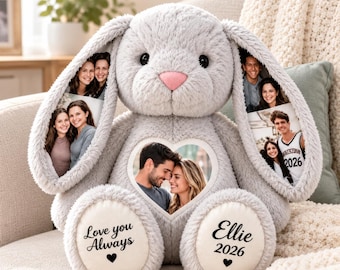 Custom Photo Plush Bunny, Personalized Anniversary Gift for Couples (5 Photos)