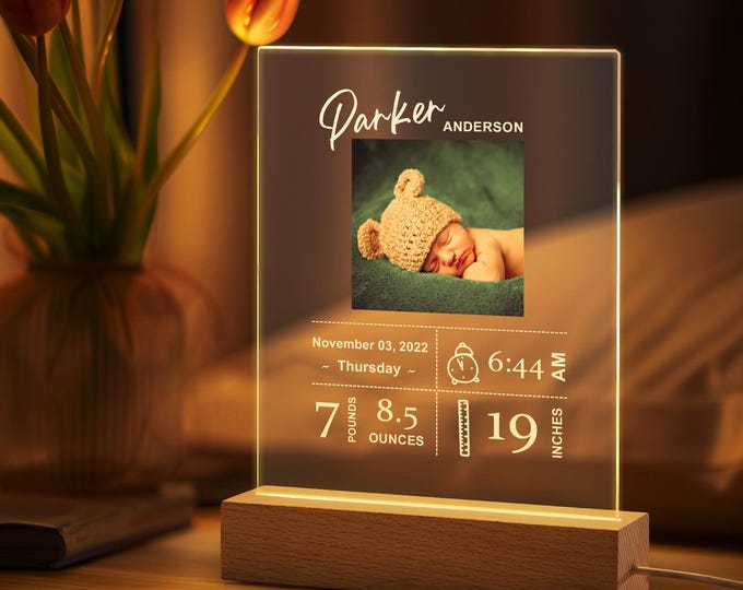 Custom Baby Stats Night Light:  Personalized Photo Acrylic Lamp, Newborn Keepsake Gift, Nursery Decor