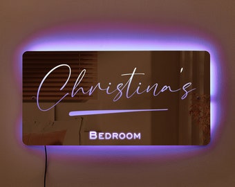 Personalized Name Mirror: LED Light Up Bedroom Door Sign
