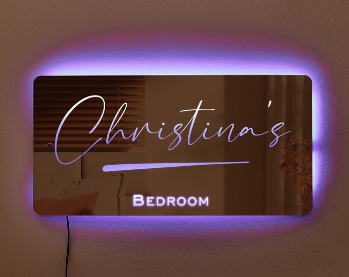 Personalized Name Mirror: LED Light Up Bedroom Door Sign
