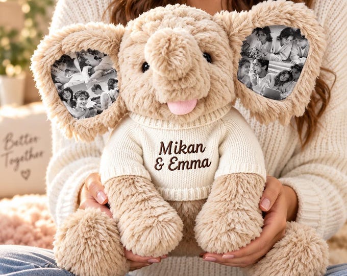 Personalized Photo Elephant Plush Toy, Custom Stuffed Animal, Couple Anniversary Gift, Romantic Gift