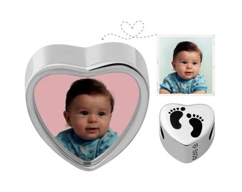 Footprints Print Heart Charm, Photo Charm, Pandora Charm, Baby Photo Charm, Gift for Grandma, Gift for New Mom, Christmas Gift