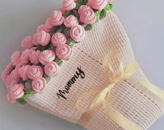 Custom Name Hand-Knitted Floral Bouquet Blanket, Gift for Mom, Mother's Day Gift