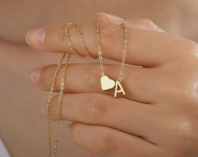 Dainty Heart Initial Necklace, Gold Letter Pendant, Personalized Jewelry