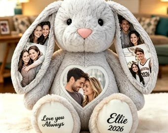 Custom Photo Plush Bunny, Personalized Anniversary Gift for Couples (5 Photos)