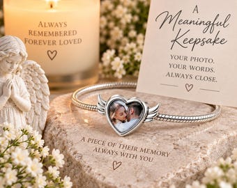 Personalized Angel Wings Heart Charm, Custom Photo & Text Memorial Keepsake Gift