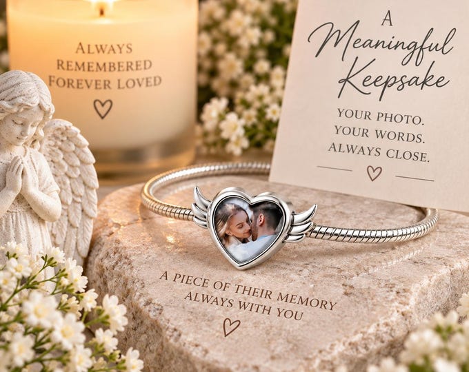 Personalized Angel Wings Heart Charm, Custom Photo & Text Memorial Keepsake Gift