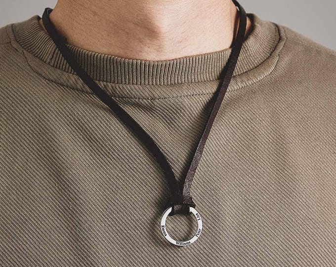 Personalized Vegan Leather Cord Necklace, Engraved Name Pendant, Father's Day Gift