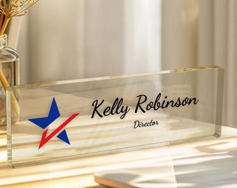 Custom Acrylic Desk Name Plate with Logo: Personalized Office Sign for Professional Display