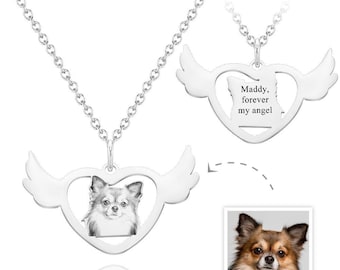 Custom Photo Engraved Necklace, Angel Wings Necklace, Heart Shaped Necklace, Gift for Pet Lovers, Pet Loss Gift, Pet Memorial Gift