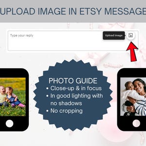 K&ouml;nnte beinhalten: Bild mit Anweisungen zum Hochladen von Bildern in Etsy-Nachrichten. Der Text enth&auml;lt "UPLOAD IMAGE IN ETSY MESSAGES", "Type your reply" und "Upload image". Ein Fotof&uuml;hrer mit Tipps zur Aufnahme von Fotos ist ebenfalls enthalten.