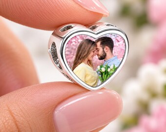 Custom Photo Heart Charm, Silver-Tone Bow Design, Personalized Keepsake