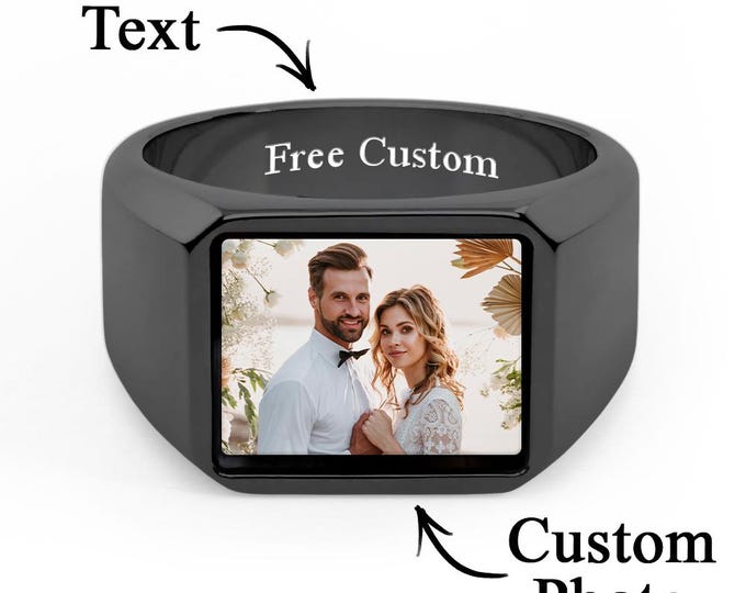 Signet Ring, Solid Polished Stainless Steel Biker Ring for Men Women, Stainless Steel Metal Plated Text Engraving Photo Custom