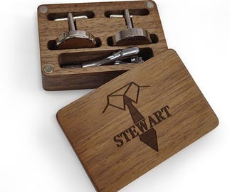 Personalized Wooden Cufflink Box Set: Engraved Tie Clip, Groom Gift