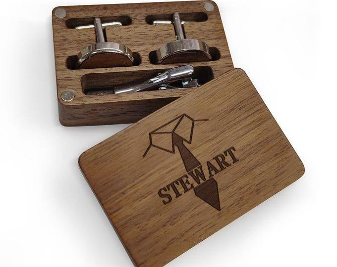 Personalized Wooden Cufflink Box Set: Engraved Tie Clip, Groom Gift