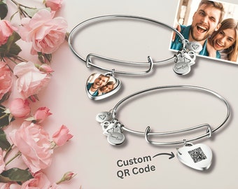 Personalized Photo Heart Charm Bangle, Photo Charm Bangle, Personalized Charm Bracelet, Custom QR Code, Stainless Steel, Gift for Wife