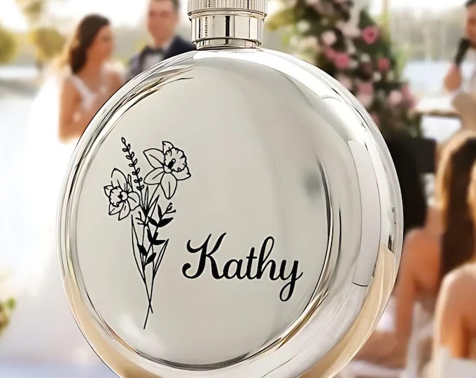Personalized Birth Flower Flask: Custom Stainless Steel Bridal Party Gift