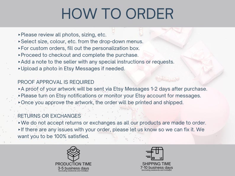 May include: An informational graphic titled HOW TO ORDER with instructions for reviewing photos, selecting options, filling out personalization, and completing purchases. It details proof approval requirements, Etsy messaging, and return policies.