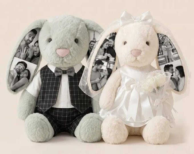 Custom Photo Wedding Bunny Plush Set – Personalized Couple Gift (40cm)