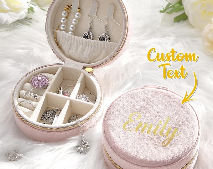 Personalized Pink Velvet Round Jewelry Box, Bridesmaid Gift