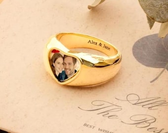 Customized Heart Signet Photo & Text Ring, Chunky Band, Stainless Steel Ring, Personalized Jewelry for Men and Women, Unisex Ring