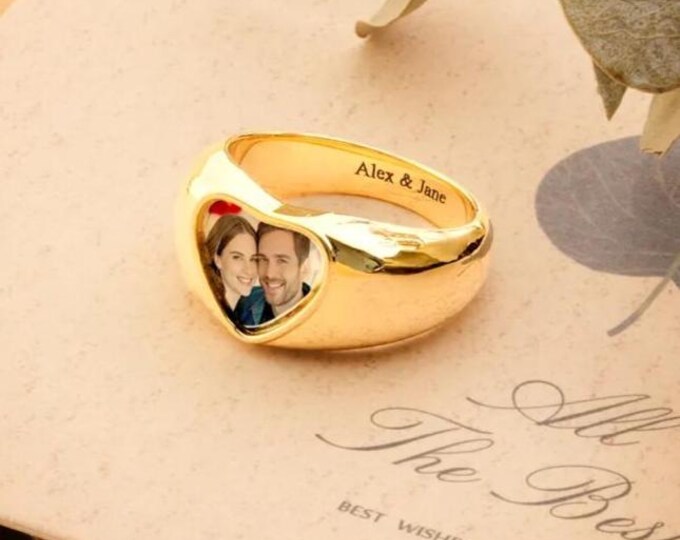 Customized Heart Signet Photo & Text Ring, Chunky Band, Stainless Steel Ring, Personalized Jewelry for Men and Women, Unisex Ring