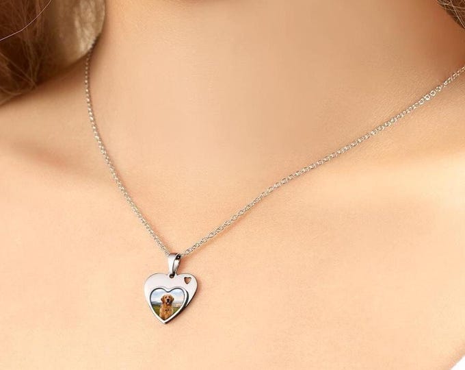 Custom Pet Photo Engraved Heart Necklace: Personalized Memorial Gift