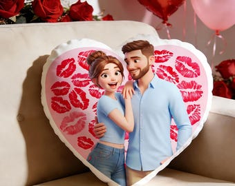 Custom Photo Heart Pillow, Personalized Cartoon Couple, Valentine's Gift
