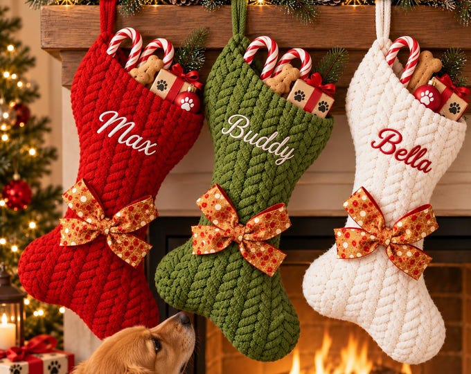 Personalized Dog Bone Christmas Stocking, Embroidered Pet Name, Wool Yarn Holiday Décor