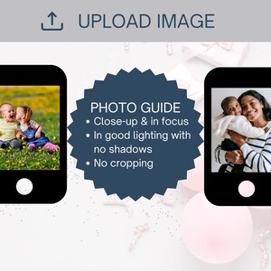 May include: An instructional graphic titled UPLOAD IMAGE featuring two black smartphone icons displaying example photos. A central dark blue starburst shape contains the text PHOTO GUIDE, Close-up & in focus, In good lighting with no shadows, No cropping.