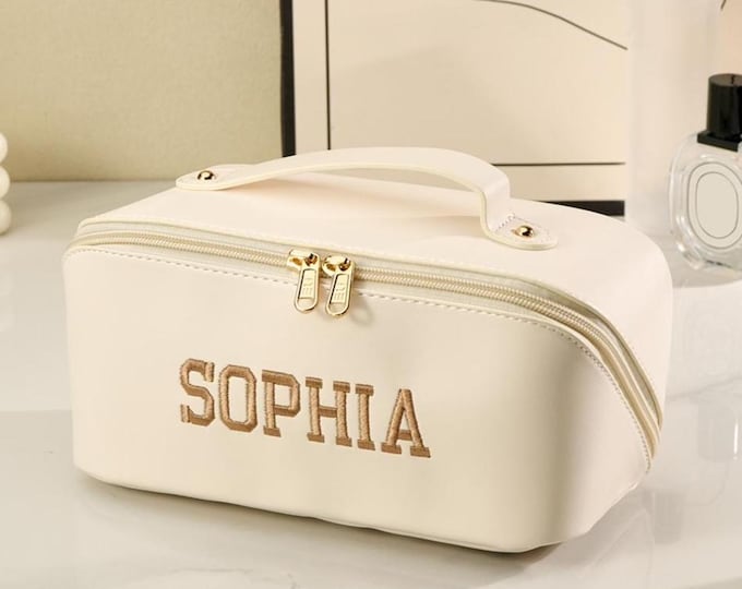 Personalized Vegan Leather Makeup Bag with Embroidered Name