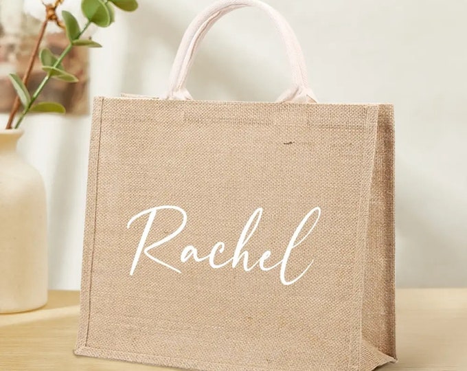 Personalized Burlap Tote Bag: Custom Name Beach Tote, Bridal Party Gift