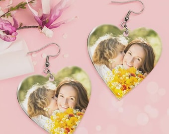 Custom Photo Acrylic Earrings, Personalized Heart Earrings, Mother's Day Gift