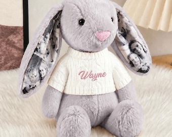 Custom Photo Bunny Plush, Embroidered Name, Personalized Ears, Valentine's Gift