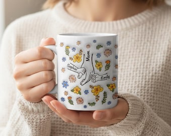 Personalized Hand in Hand Floral Mug, Engraved Keepsake Gift for Mom (11oz)