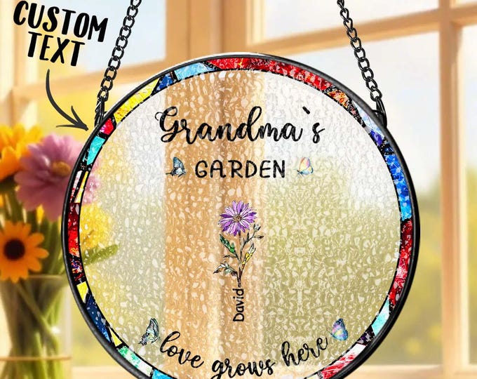 Personalized Birth Flower Glass Suncatcher, Grandma's Garden Suncatcher, Window Ornament, Mother's Day Gift